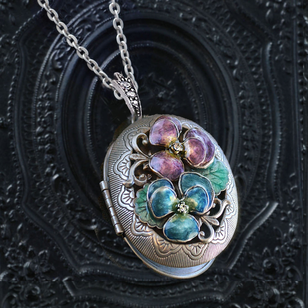 Enamel Pansy Silver Locket by Sweet Romance – Sweet Romance Jewelry