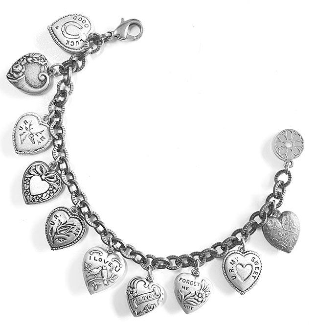 Victorian Silver Puffy Hearts Charm Bracelet BR441