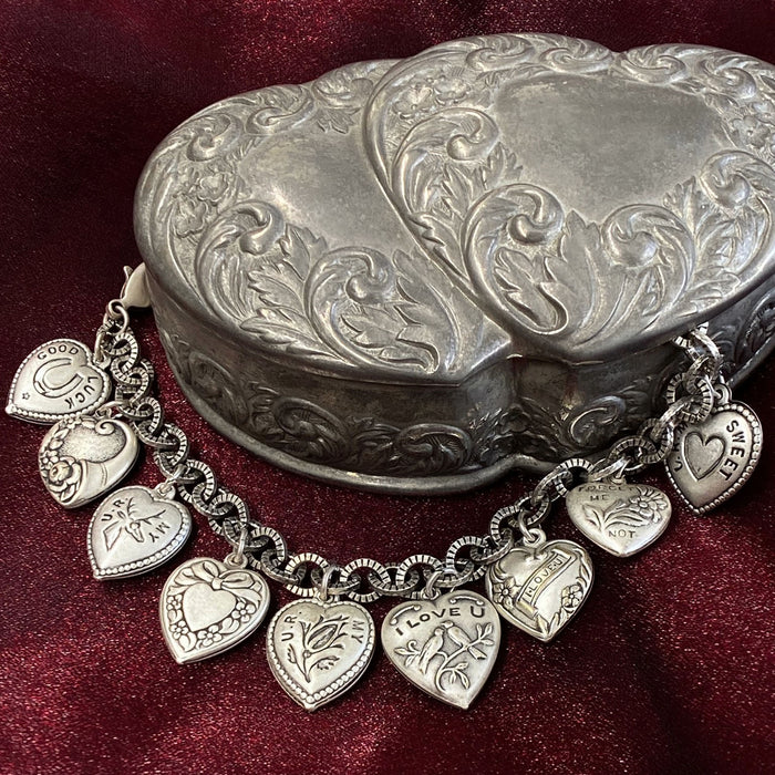 Victorian Silver Puffy Hearts Charm Bracelet BR441