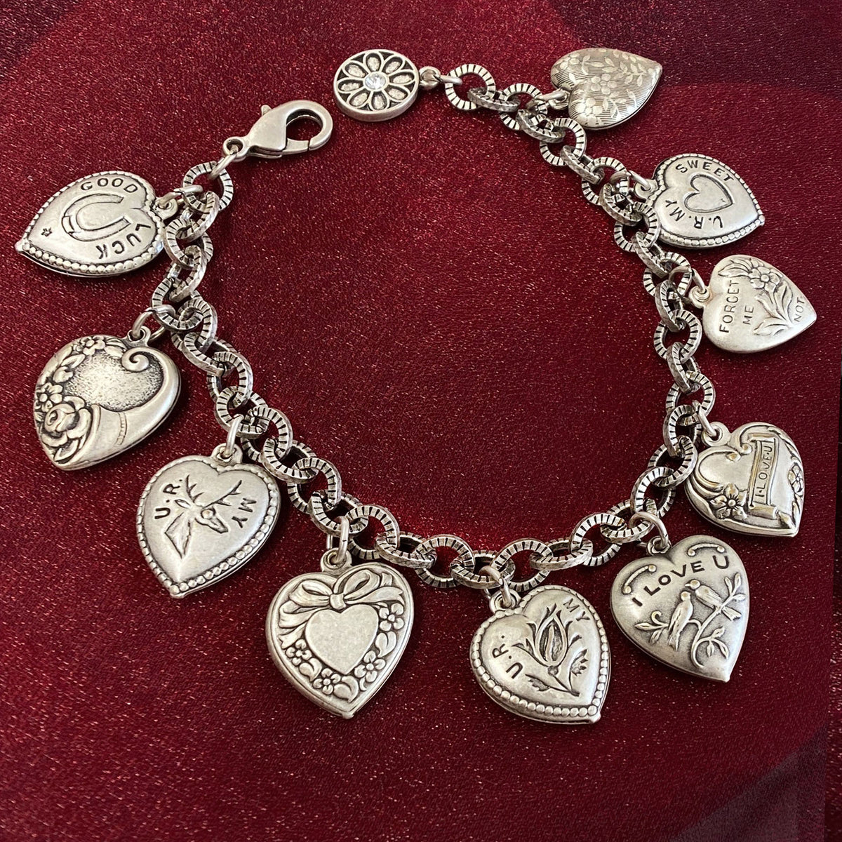 Victorian Silver Puffy Hearts Charm Bracelet BR441