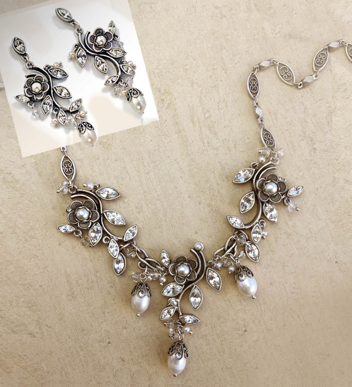 Crystal pearl silver romance necklace N1186-CR