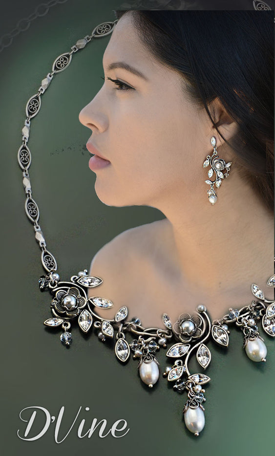 Crystal pearl silver romance necklace N1186-CR