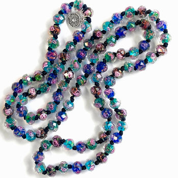 Blue Murano Glass Flower Bead Long Necklace N1460-BL