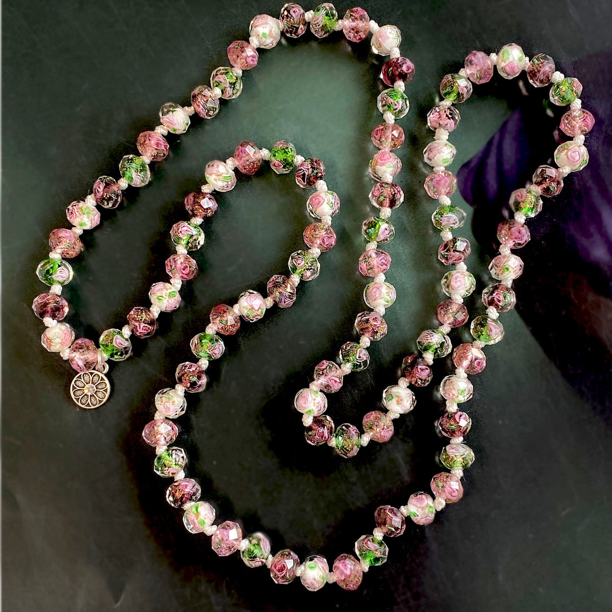 Pink Murano Glass Flower Bead Long Necklace N1460