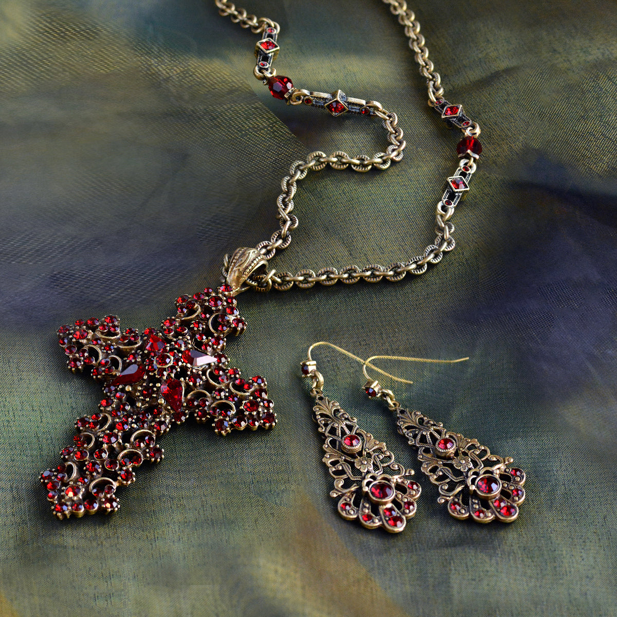 Garent Red Crystal Cross Necklace and earrings N1465