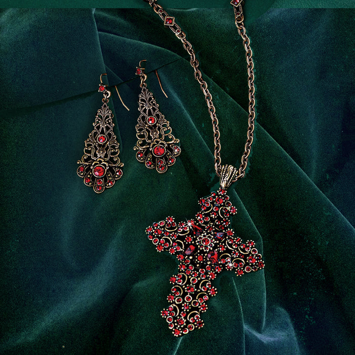 Garent Red Crystal Cross Necklace and earrings N1465