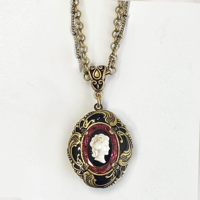 Vintage Cameo Enamel Locket Necklace N1522