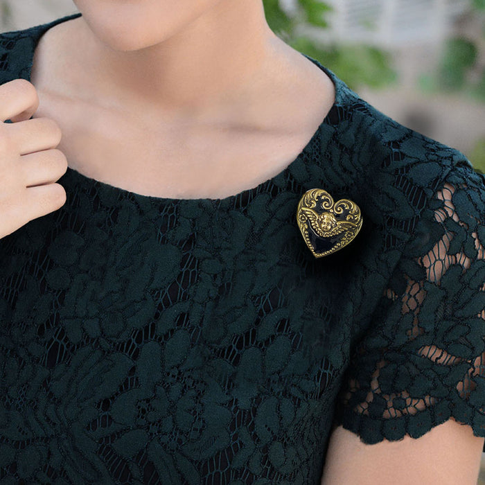 Angel Black Enamel Heart Brooch Pin P296