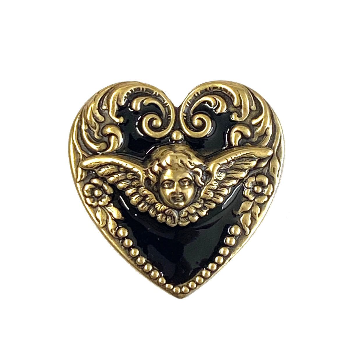 Angel Black Enamel Heart Brooch Pin P296