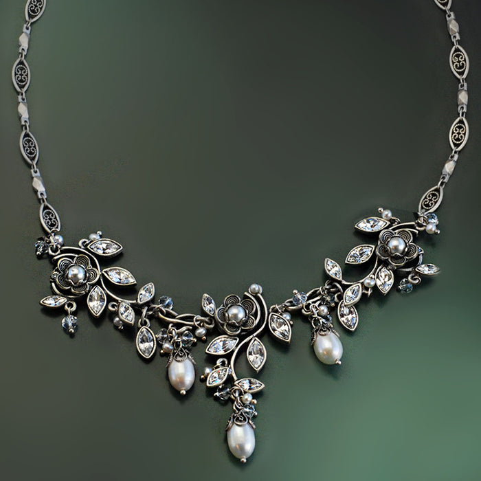 Crystal pearl silver romance necklace N1186-CR