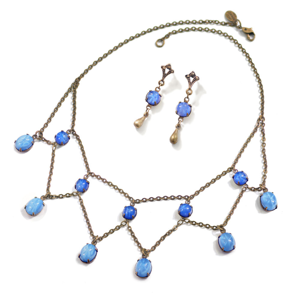 Star Sapphire Vintage Glass Necklace & Earrings Set N320-BL